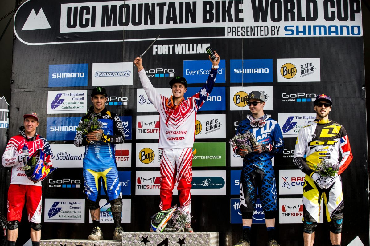 uci dh worldcup fort william 2014 podium troy brosnan sam hill